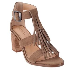 Sole Society Delilah Taupe Fringe Block Heels, Size 8.5